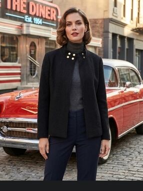 Jones NY black wool open front Retro Jacket sz M-L